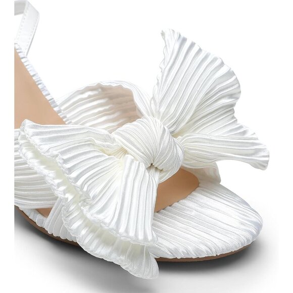 🆕Women's White Bow Knot Chunky Block Heel Open Toe Ankle Strap Slingback Sandal - Picture 5 of 7